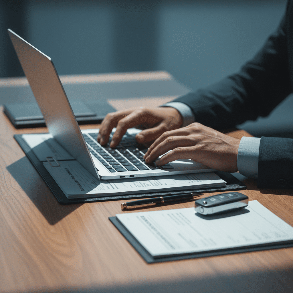 Professionnel automobile utilisant logiciel DMS avec documents de gestion VO et clés de véhicule