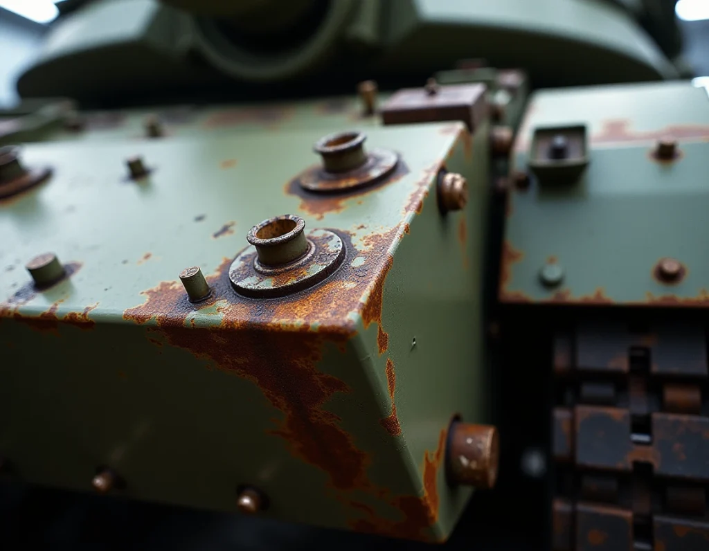 Gros plan sur les modules de blindage composite Chobham du tourelle du char Challenger 2 avec détails d'usure et d'inspection technique