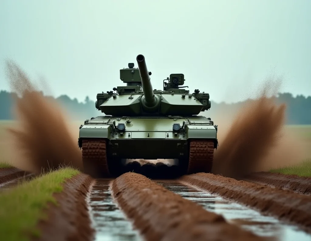 Char Challenger 2 en mouvement à grande vitesse lors d'un exercice militaire dans un champ boueux projetant de la terre et de la boue