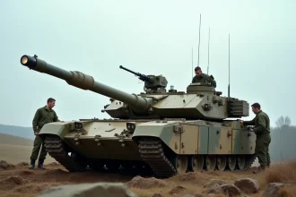 Char Challenger 2 britannique en inspection sur un terrain d'entraînement rocailleux avec deux membres d'équipage en combinaison olive