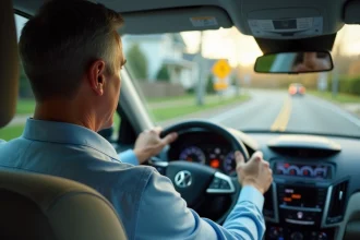 Conducteur attentif observant un panneau de route prioritaire à une intersection urbaine