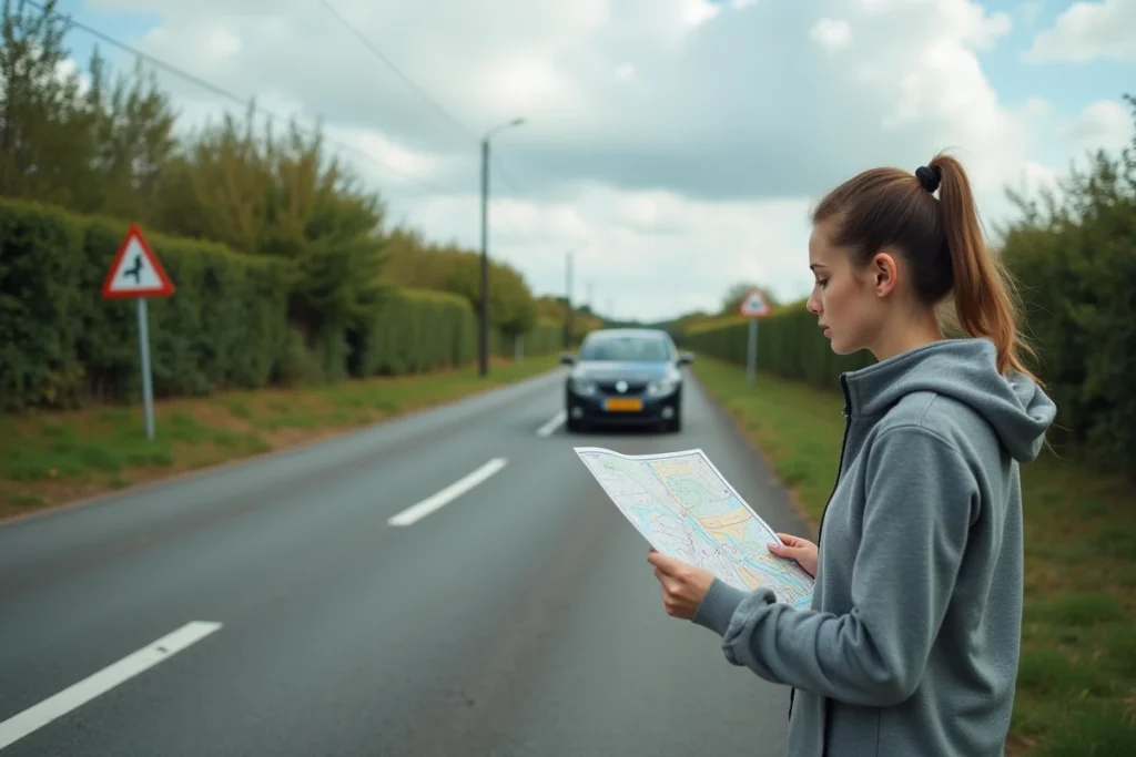 Femme conductrice consultant une carte routière à la sortie d'une route à caractère prioritaire en zone rurale