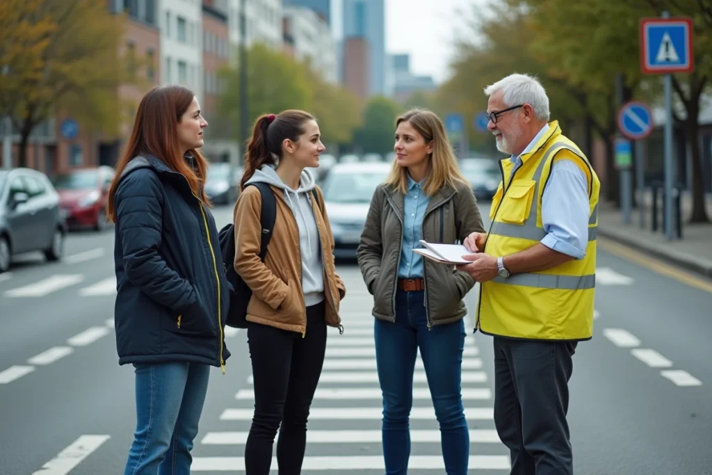 Élèves conducteurs et moniteur d'auto-école étudiant les règles de sécurité à une intersection de route prioritaire en ville