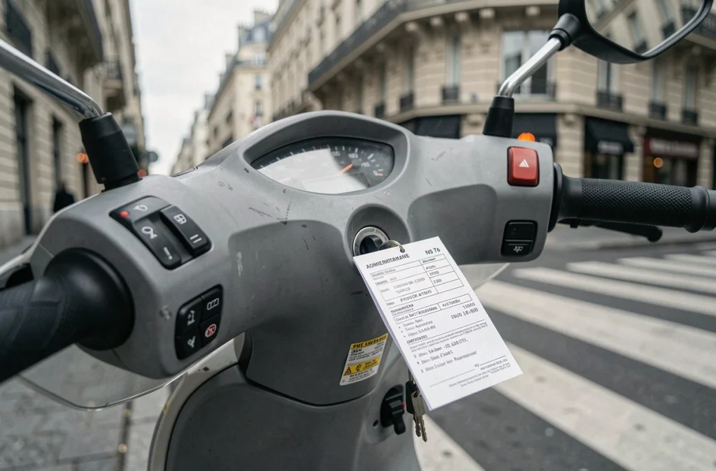 Gros plan sur le tableau de bord d'un scooter avec un avis de contravention glissé sous le guidon, symbole des amendes liées à la conduite sans permis