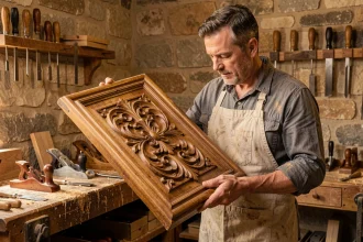 Artisan boiserie examinant un panneau de bois sculpté dans un atelier traditionnel de menuiserie