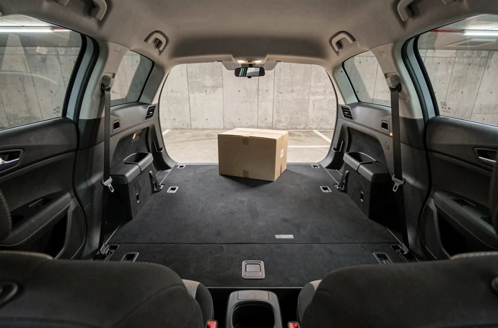 Banquette arrière rabattue de la 308 SW phase 2 formant un plancher plat pour un grand volume de chargement