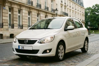 Berline compacte essence blanc nacré garée dans une rue pavée d'une ville européenne, idéale pour un usage urbain fiable en 2026