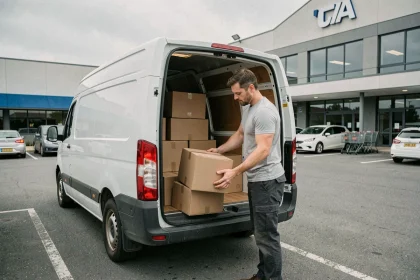 Homme chargeant des cartons dans un utilitaire blanc loué au parking d'un Super U