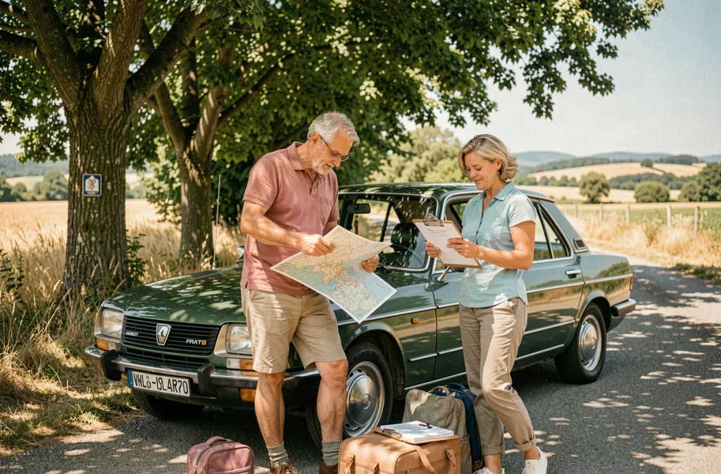 Couple préparant un long trajet en Renault 8 verte avec carte routière et check-list au bord d'une route de campagne française
