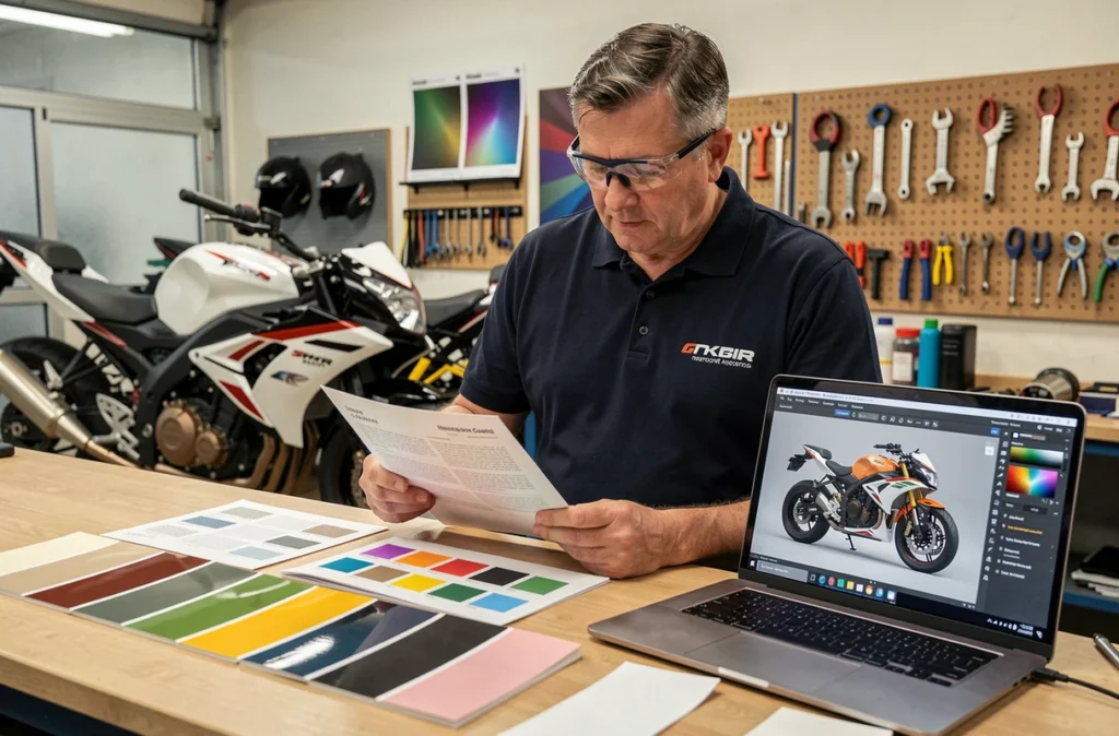 Spécialiste en covering moto examinant un devis et des finitions vinyle dans un atelier professionnel