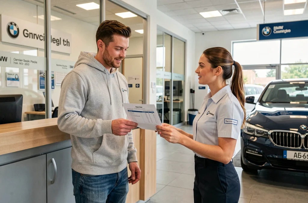 Client BMW consultant un devis de réparation de chaîne de distribution avec un conseiller dans une concession
