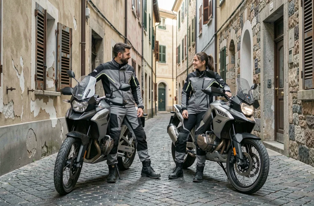 Deux motards en équipement trail adventure appuyés contre leurs motos sur des pavés dans une ruelle urbaine européenne