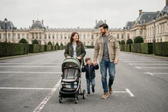 Famille avec poussette arrivant au parking gratuit près du château de Versailles