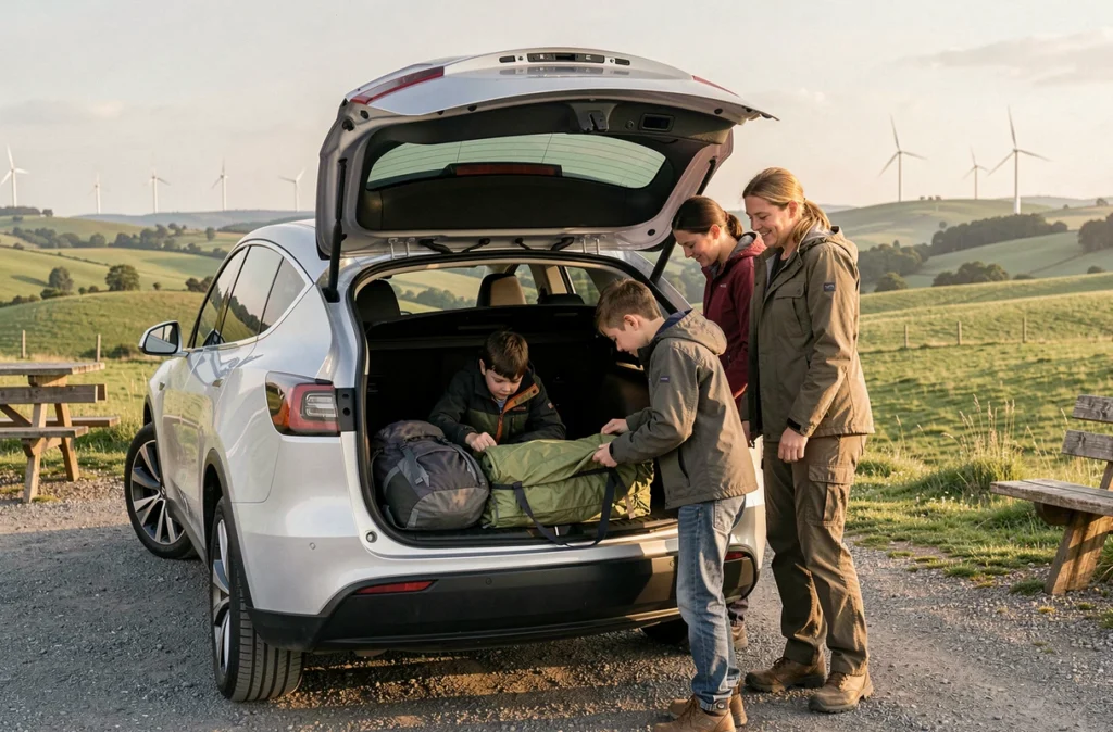 Famille chargeant du matériel de randonnée dans le coffre d'un SUV électrique 4x4 argenté à une aire de repos à la campagne