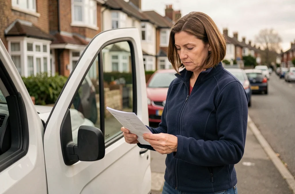 Femme consultant un contrat de location utilitaire devant un van blanc dans une rue résidentielle