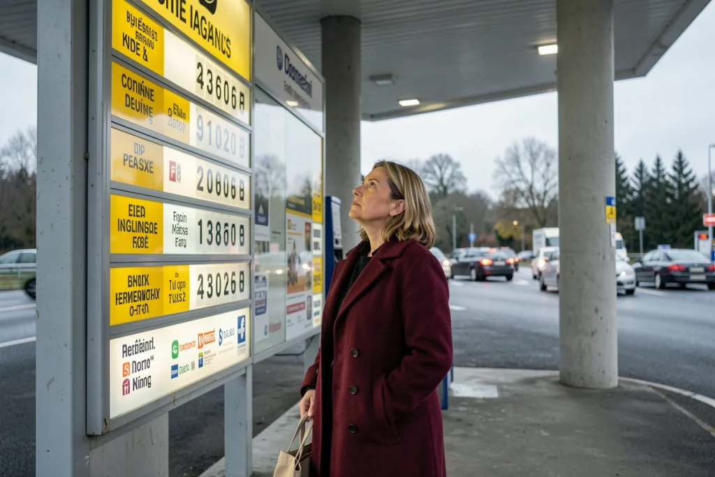 Femme regardant le panneau d'affichage des prix du carburant dans une station-service