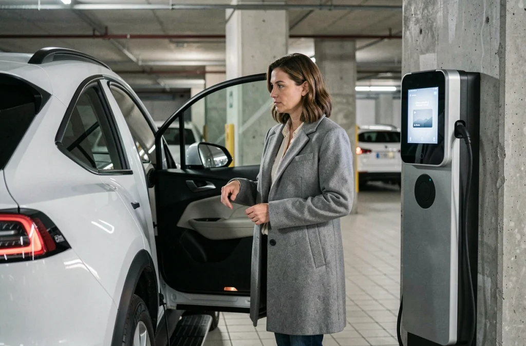 Femme consultant une borne de recharge pour son 4x4 électrique blanc dans un parking souterrain urbain