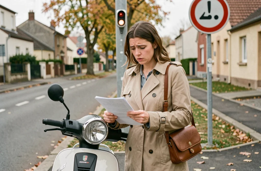 Femme debout à côté d'un scooter 50cc en zone périurbaine tenant des documents administratifs, évoquant les démarches liées au permis de conduire