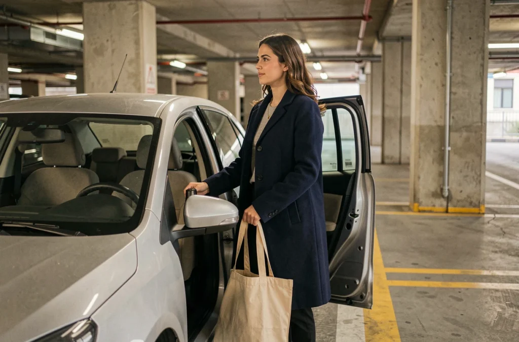 Femme sortant d'une petite voiture essence fiable dans un parking urbain, illustration d'un usage quotidien en ville en 2026