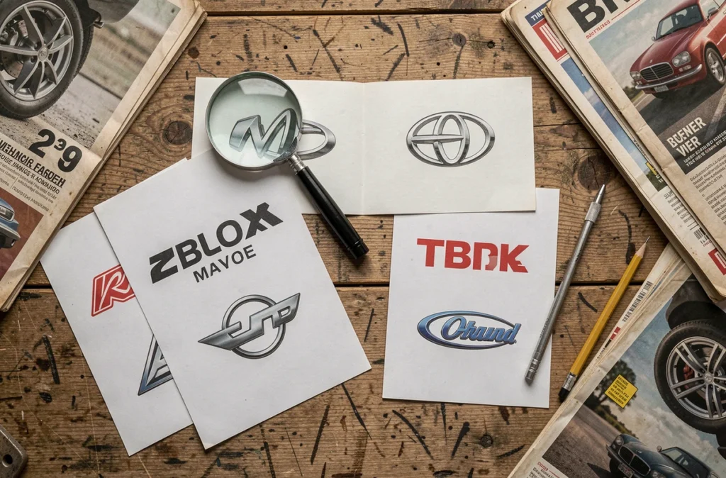 Vue de dessus d'une table d'atelier avec des cartes imprimées de logos automobiles, loupe et magazines sur bois vieilli