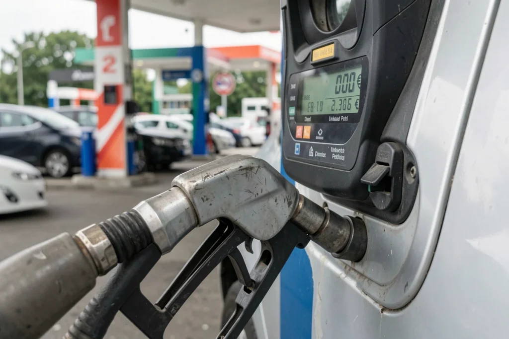 Gros plan sur une pompe à essence avec affichage numérique du prix du carburant au litre