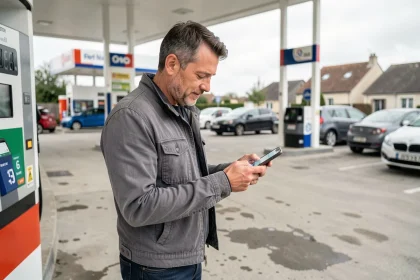 Homme consultant une application de comparaison de prix d'essence sur son smartphone à une station-service