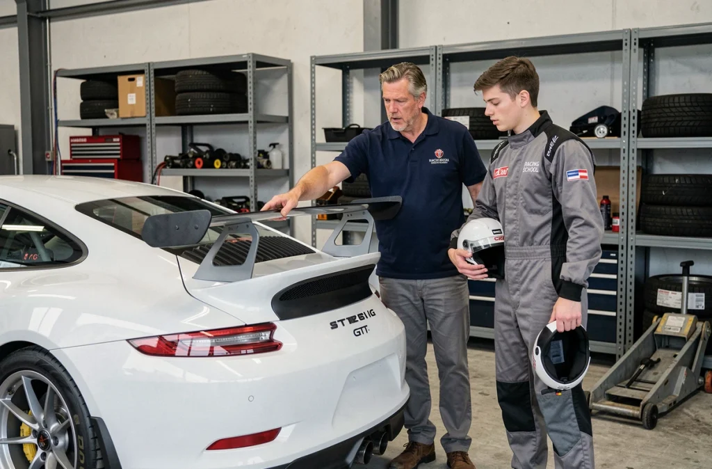 Instructeur de pilotage expliquant les réglages d'une Porsche GT3 Cup à un élève débutant dans un garage de paddock