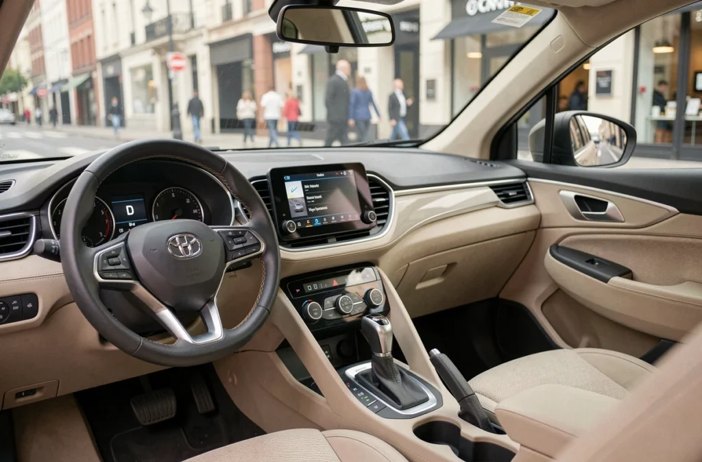 Intérieur moderne d'une voiture essence compacte citadine avec tableau de bord ergonomique et écran tactile, vue depuis le siège passager