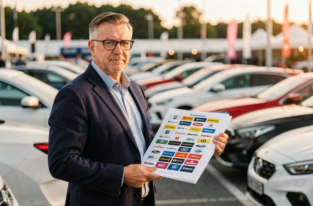 Journaliste automobile tenant un guide visuel des logos de marques de voitures lors d'un salon automobile en extérieur