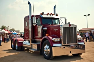 Kenworth W900A d'époque exposé lors d'un salon de camions classiques, vue trois quarts avant avec calandre chromée et double échappement inox