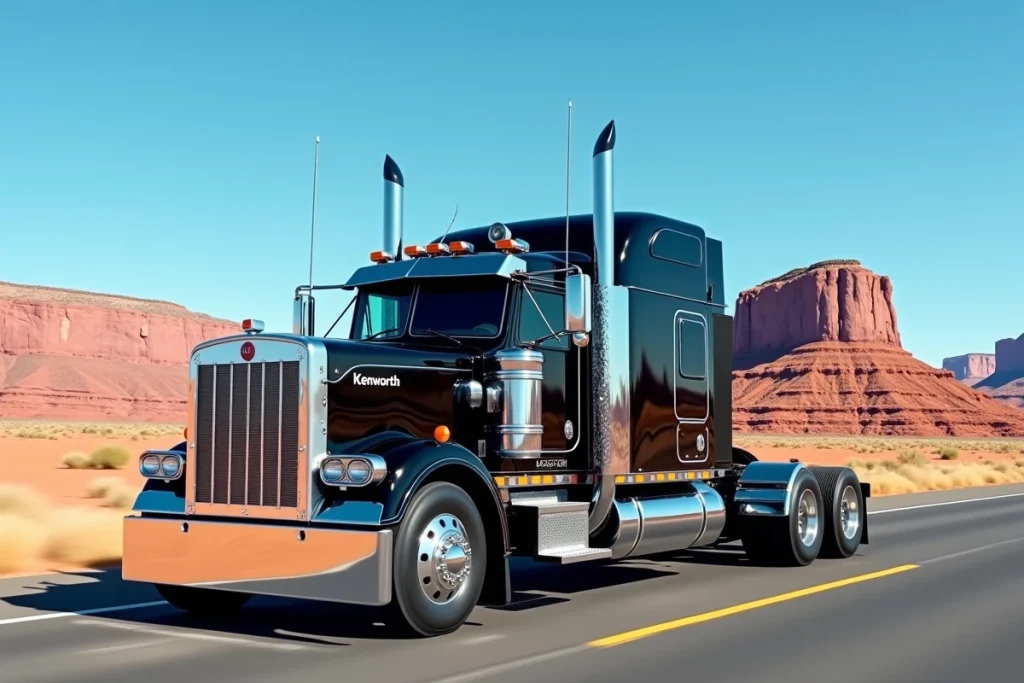 Kenworth W900A restauré roulant sur une route du sud-ouest américain, peinture noire brillante et chrome poli avec paysage de mesas rouges en arrière-plan