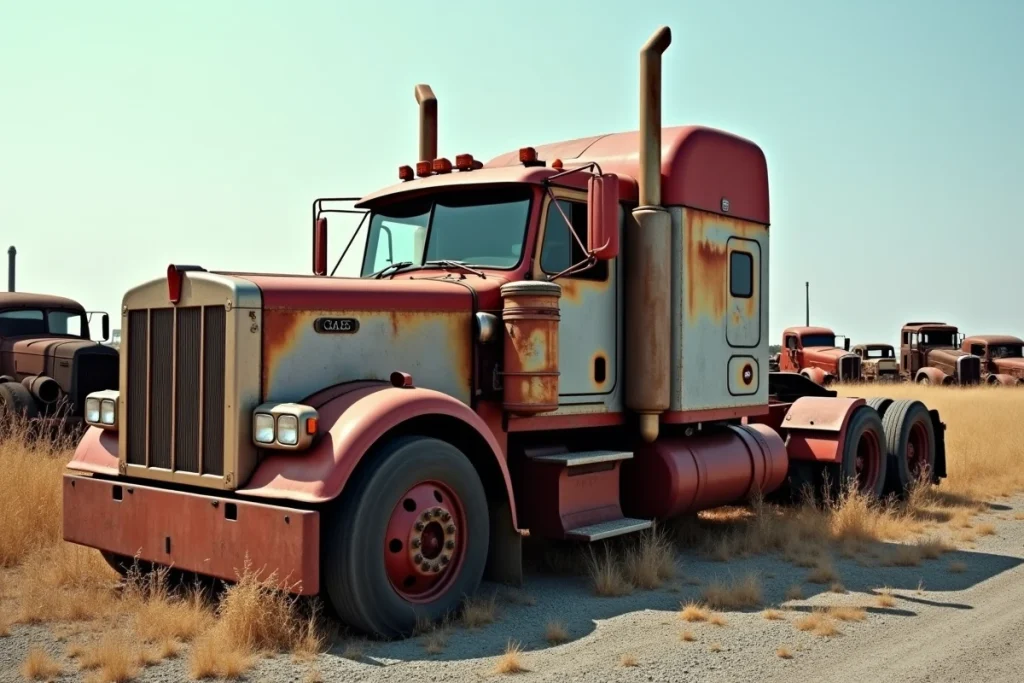 Kenworth W900A vintage abandonné dans une casse automobile américaine, peinture usée et rouille visible sur la carrosserie dans un décor rural