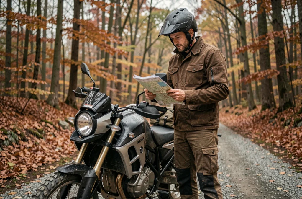 Homme debout à côté d'une moto trail adventure sur un chemin forestier en gravier consultant une carte routière