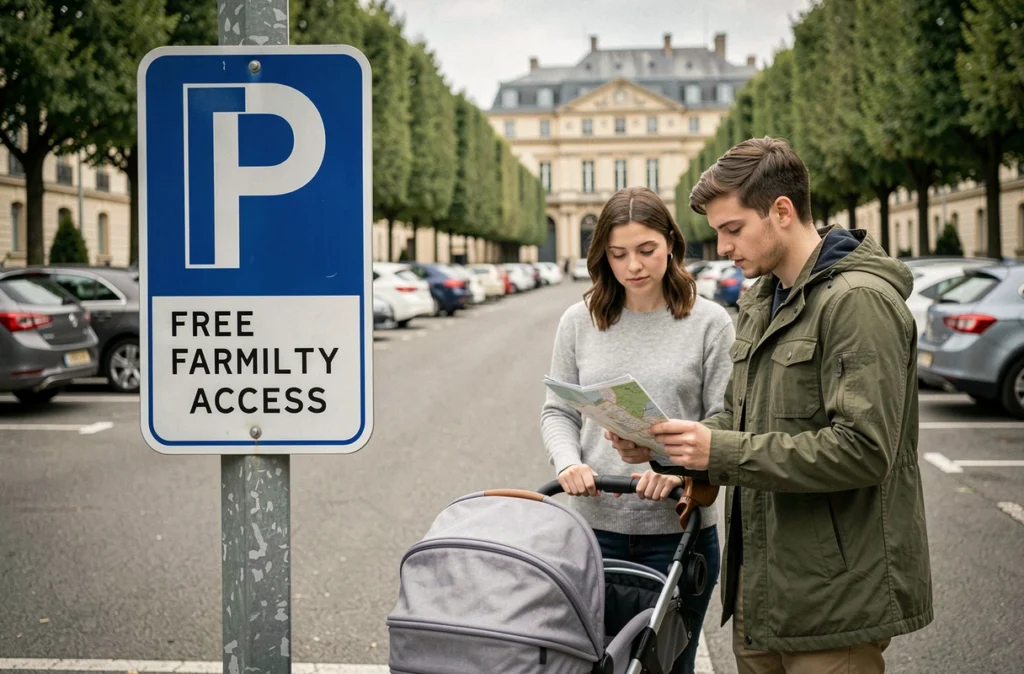 Panneau de stationnement gratuit famille à Versailles avec couple et poussette