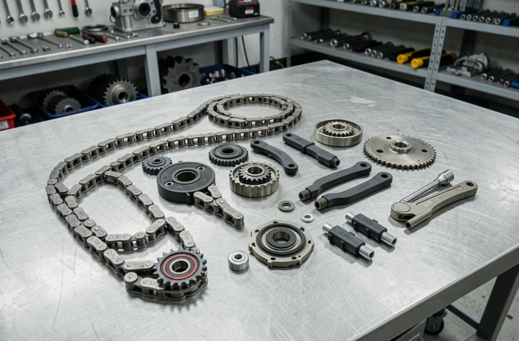 Pièces de chaîne de distribution BMW démontées sur un établi d'atelier pour diagnostic et remplacement
