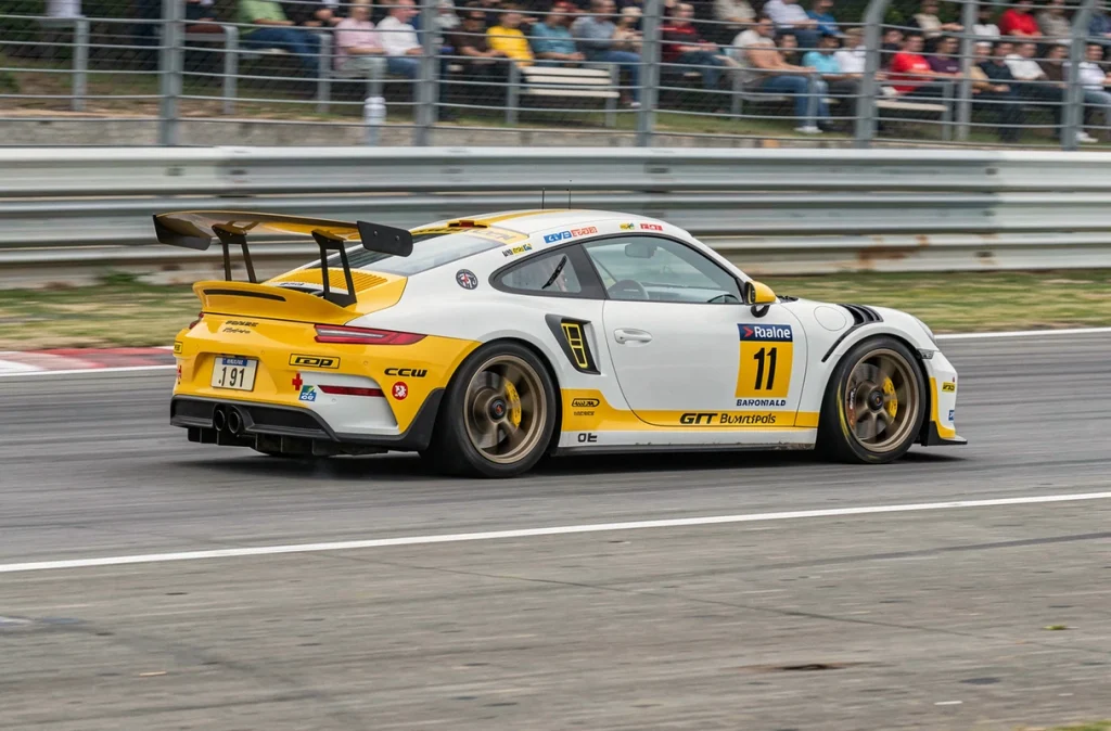 Porsche 911 GT3 Cup en pleine action dans un virage sur circuit, vue au ras du sol en grand angle
