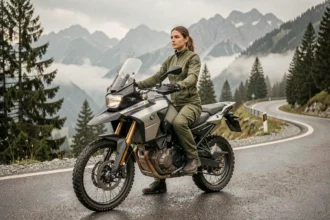 Jeune femme assise sur une moto trail d'aventure puissante sur une route de montagne sinueuse entourée de forêt de pins
