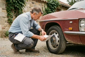 Homme inspectant les pneus d'une Renault 8 rouge avant un long trajet, avec une check-list de préparation