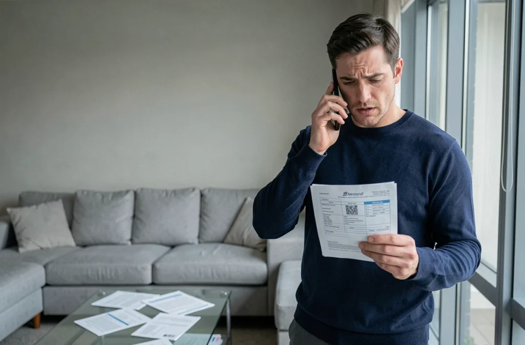 Homme en train de relancer son assureur Macif par téléphone avec un formulaire de sinistre à la main