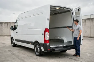 Renault Master 11m3 vu de l'arrière avec portes ouvertes révélant le volume intérieur du compartiment de chargement