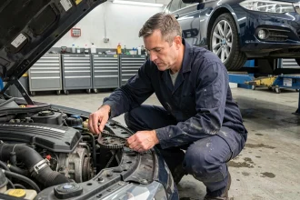 Mécanicien professionnel réparant la chaîne de distribution d'un moteur BMW dans un garage automobile