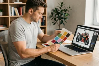 Homme comparant des échantillons de couleurs de covering moto avec une simulation numérique sur ordinateur portable