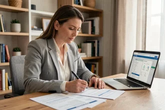 Femme consultant un dossier de sinistre Macif sur son bureau à domicile avec documents et ordinateur portable