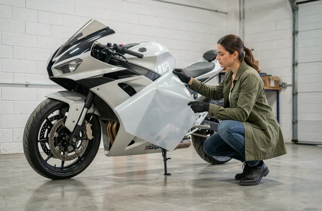 Femme testant un échantillon de covering vinyle sur un réservoir de moto dans un garage