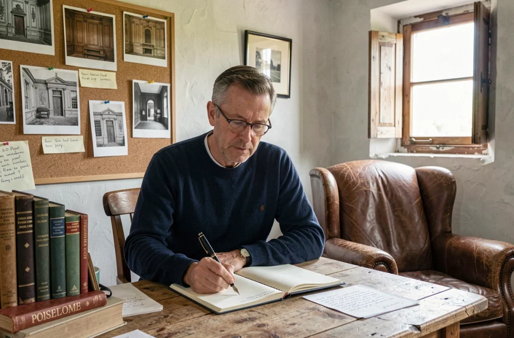 Thierry Vigneau prenant des notes sur l'histoire de la boiserie dans un bureau entouré de livres patrimoniaux