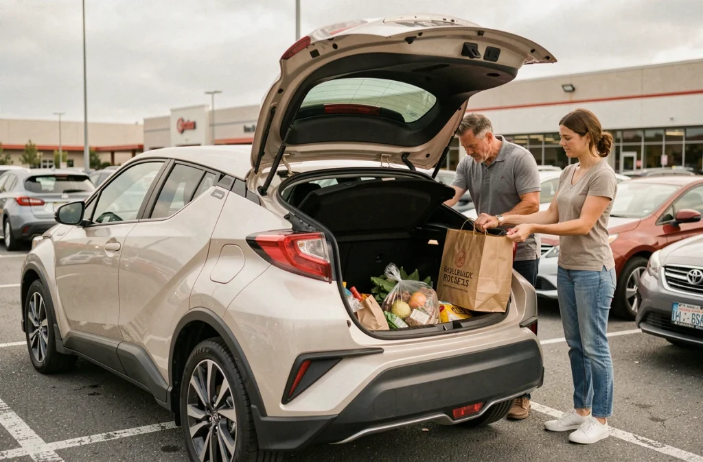 Chargement du coffre du Toyota C-HR dans un parking, illustration de l'espace de rangement pratique pour une utilisation familiale quotidienne