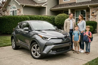 Famille devant un Toyota C-HR garé dans une allée résidentielle, vue 3/4 avant mettant en valeur le design coupé du SUV compact