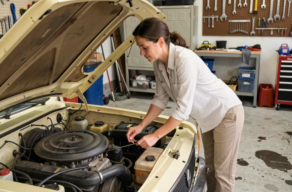 Femme vérifiant le niveau d'huile moteur d'une Renault 10 jaune dans un garage avant un voyage