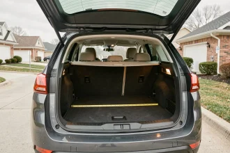 Volume du coffre de la Peugeot 308 SW phase 2 avec banquette en position normale, vue arrière 3/4 hayon ouvert