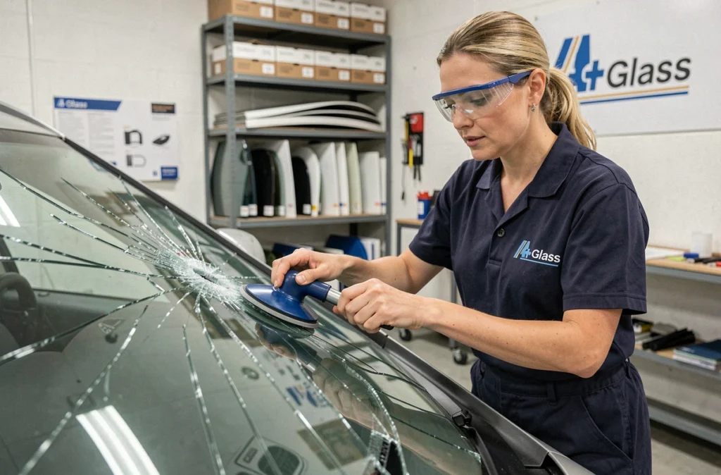 Technicienne de A+Glass Châteaugiron remplaçant un pare-brise de voiture dans l'atelier